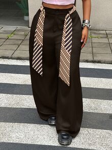 Maweii 大尺碼女款夏季休閒長褲，附腰帶與口袋，適用畢業派對、Cosplay、女性畢業、優雅、時尚、休閒、通勤、商務辦公 - 摩卡棕 - 查看 4