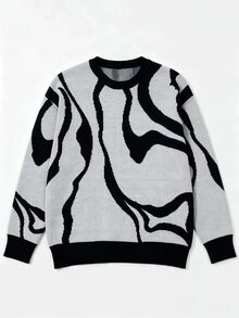 Manfinity Hypemode Men's Crew Neck Long Sleeve Asymmetrical Line Pattern Fashion Versatile Sweater - Black and White - View 3