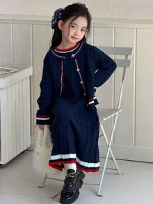 DAZY Tween Girls Sweater Set Cardigan And Dress Striped Decor Casual Fashion Creative Personalized Fresh Cute - Navy Blue - View 6