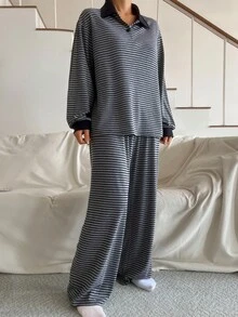 DAZY Women's Collared Button Long Sleeve Top & Striped Long Pants Loungewear Set - Grey - View 6