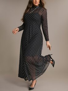 Freevana Plus Size Elegant Party Banquet Polka Dot Dress 2pcs Set - Black - View 5