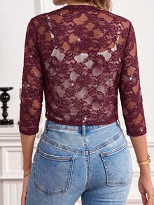 SHEIN Clasi 女款蕾絲 3/4 袖開襟短版輕量夾克 - 酒紅色 - 查看 2