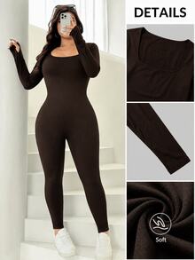 SHEIN EZwear 大尺碼秋冬保暖針織連身褲 - 巧克力棕 - 查看 7