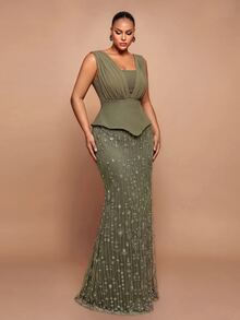 Glamrae Gaun Malam Formal Ukuran Besar Warna Kopi Elegan Romantis Modis Mewah Glamor dengan Manik Payet Bordir Patchwork Rajut Stretch untuk Pernikahan Pesta Perayaan Acara Formal (Desain Pengerjaan Berat) - Coffee Brown - View 5