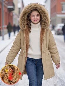 SHEIN Elladie kids 女童甜酷風秋冬加厚保暖內裡 3D 時尚優雅精緻極簡風毛領絨毛長版大衣 卡其色戶外穿搭 - 卡其色 - 查看 3