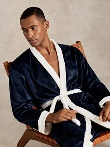EverLounge Autumn/Winter Men's British Style Minimalist Basic Comfortable Soft Navy Blue Flannel Contrast White Long Robe - Navy Blue - View 1