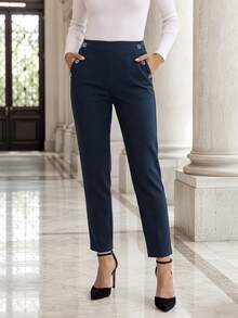 EMERY ROSE Middle-Aged & Elderly Women Solid Color Button Design Pocket Long Pants - Blue - View 5