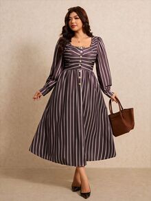 Elaquor Plus Size Women's Striped Button Half-Placket Long Sleeve Casual Dress - Multicolor - View 3