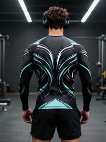 GymBeat Men's Tech Graphic Print Slim Fit Long Sleeve Tee, Outdoor Workout Running Training Sport Shirt - Black - View 2