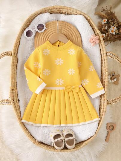 SHEIN Infant Girls Sweater Dress Autumn/Winter Yellow Daisy Jacquard Knit Dress Cute Casual Comfortable Vacation Style Suitable For Thanksgiving, Halloween, Daycare, Daily Wear, Leisure, Party