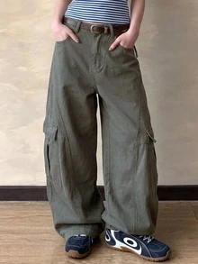 DAZY Army Green High-Waist Side Flap Large Pocket Loose Wide Leg Cargo Casual Pants For Women - Army Green - View 4