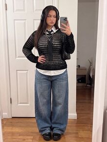 Comfortcana Plus Size Mesh Hollow Out Pullover Sweater - Black - View 9