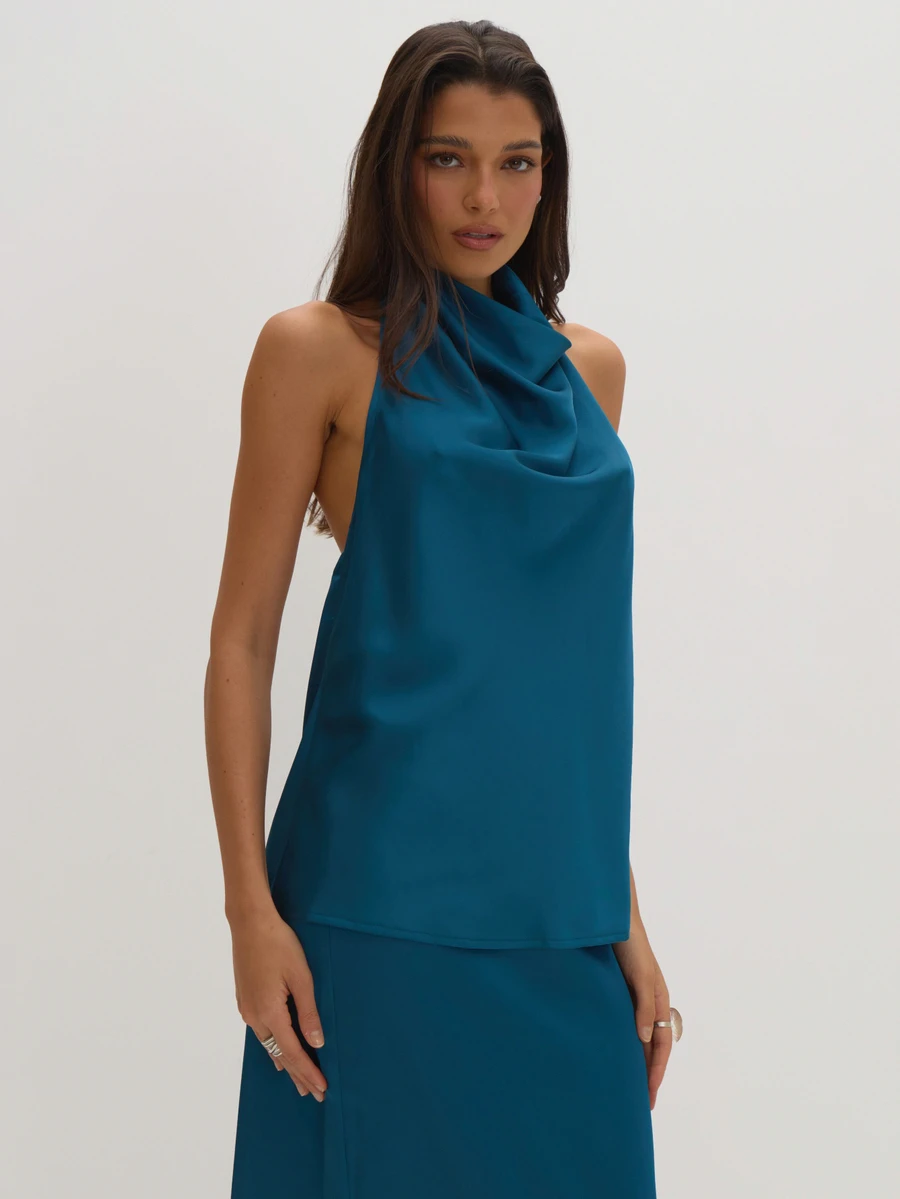 MUSEYN Atasan Satin Biru Kehijauan Tanpa Lengan dengan Leher Halter dan Punggung Terbuka, Elegan untuk Kencan Malam di Musim Gugur - Royal Blue - View 1
