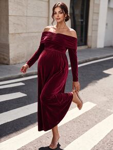 Momance Elegant Velvet Maternity Party Dress - Burgundy - View 5