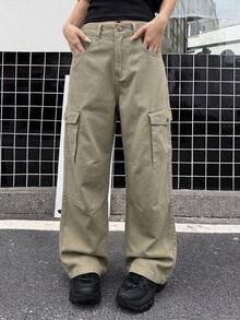 DAZY 青少年女孩工裝口袋寬腿寬鬆休閒牛仔褲 - 軍綠色 - 查看 7