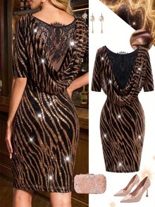 SHEIN Clasi Women's Zebra Print Mesh & Lace Patchwork Backless Cowl Neck Short Sleeve Fitted Bodycon Mini Dress - Black and Gold - View 1