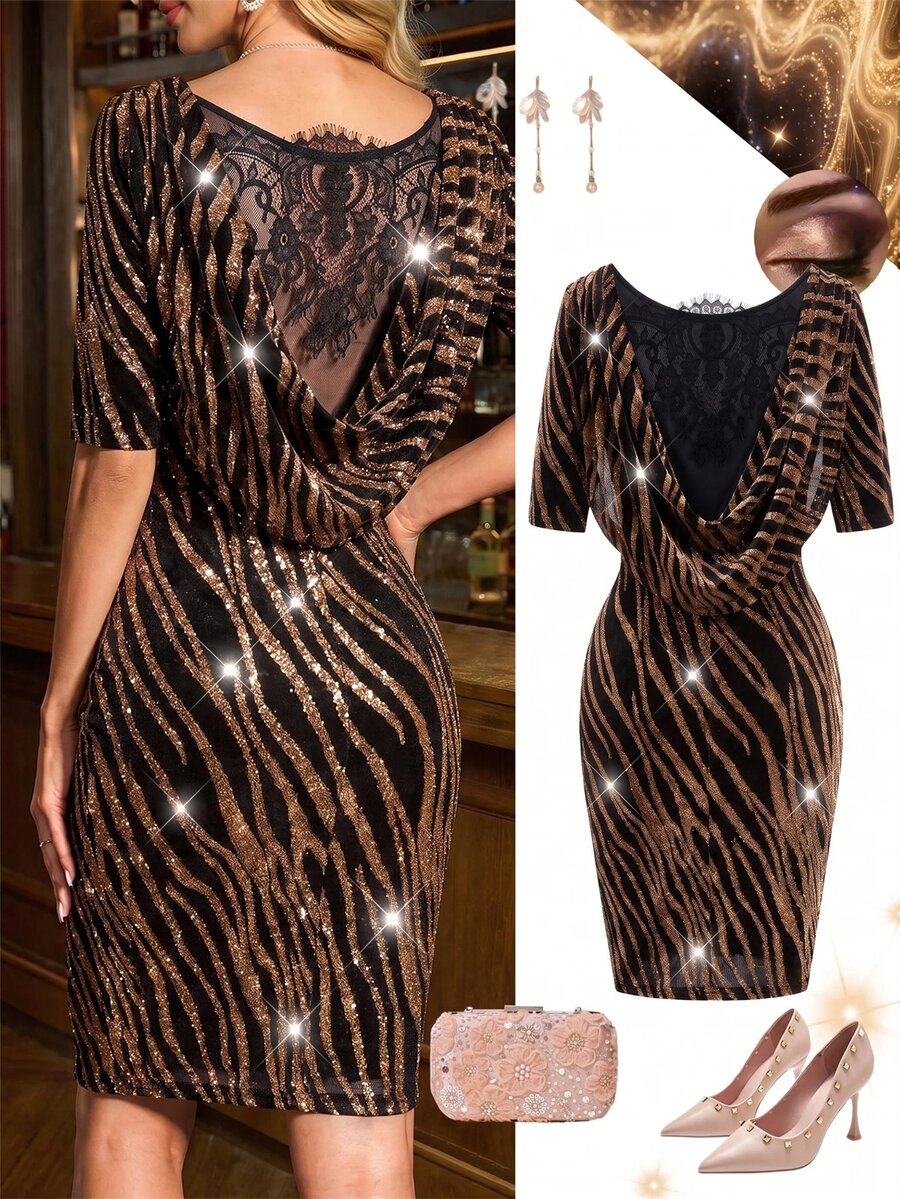 SHEIN Clasi Women's Zebra Print Mesh & Lace Patchwork Backless Cowl Neck Short Sleeve Fitted Bodycon Mini Dress - Black and Gold - View 1