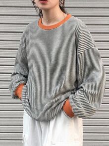 Dazy Kids Teen Girl Round Neck Long Sleeve Contrast Color Striped T-Shirt - Grey - View 6