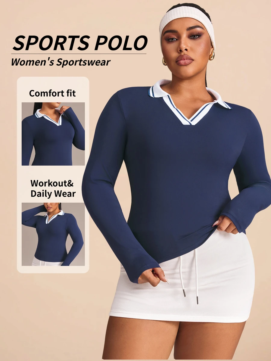 Rhythm Era Women's Plus Size Minimalist Colorblock Collar Long Sleeve T-Shirt - Navy Blue - View 1