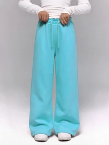SHEIN Tween Girl) Casual All-Match Versatile Streetwear Pocket Loose Wide Leg Elastic Waist Washed Snow Wash Sweatpants - Mint Blue - View 6