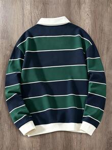 Manfinity Joysei Men's Casual College Striped Print Polo Collar Pullover Sweatshirt - Green - View 2