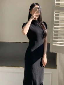 DAZY Women's Sleeveless Sweater Dress, Elegant Semi-High Neck Fitted Bodycon Mid-Length Dress, Base Layer Dress - Black - View 4