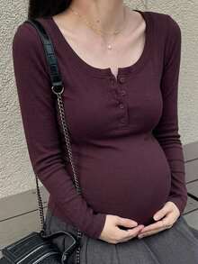 DAZY Solid Color Fitted Elastic Long Sleeve Round Neck Ruched Casual Daily Vacation Spring Autumn Maternity T-Shirt - Burgundy - View 6