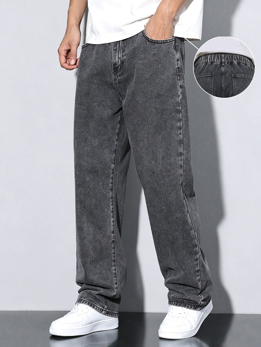QuarKem Herrjeans i denim med snöflingetvätt, dragsko i midjan och vida ben, avslappnade långbyxor med lös passform och fickor - Grå - Visa 1