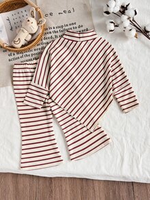 SHEIN Playful Pals 女嬰春秋冬季休閒圖案T恤套裝套頭高領針織粉色與白色條紋上衣長褲親子穿搭秋季 - 紅白色 - 查看 2