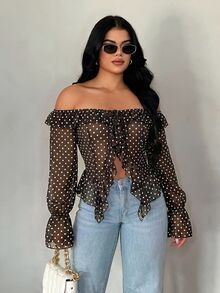 SHEIN SXY 夏季度假休閒前開襟荷葉邊飾長袖透視全白蕾絲女式襯衫 - 彩色 - 查看 1