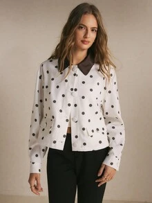 Poéselle Jaket Wanita Putih Motif Polkadot dengan Kancing Depan, Kerah Kontras, Jaket Musim Dingin, Pakaian Kerja, Atasan Polkadot, Pakaian Kantor Kasual Elegan dan Chic untuk Musim Gugur dan Musim Dingin - MultiWarna - View 7