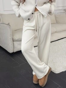 Feyla Celana Panjang Wanita Model Lurus Warna Polos dengan Tali Serut, Warna Putih Gading, Kasual Musim Gugur dan Musim Dingin. - Aprikot - View 5