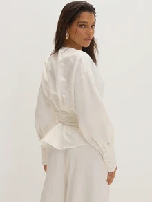 MUSEYN White Wrap Tie Drape Plunge Long Sleeve Blouse Classy Date Night Chic Evening Fall - Cream - View 5