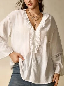 Nubod Elegant Plus Size Women's Solid Color Blouse With Frill Trim, Pearl Buttons And Lace Edging - White - View 1