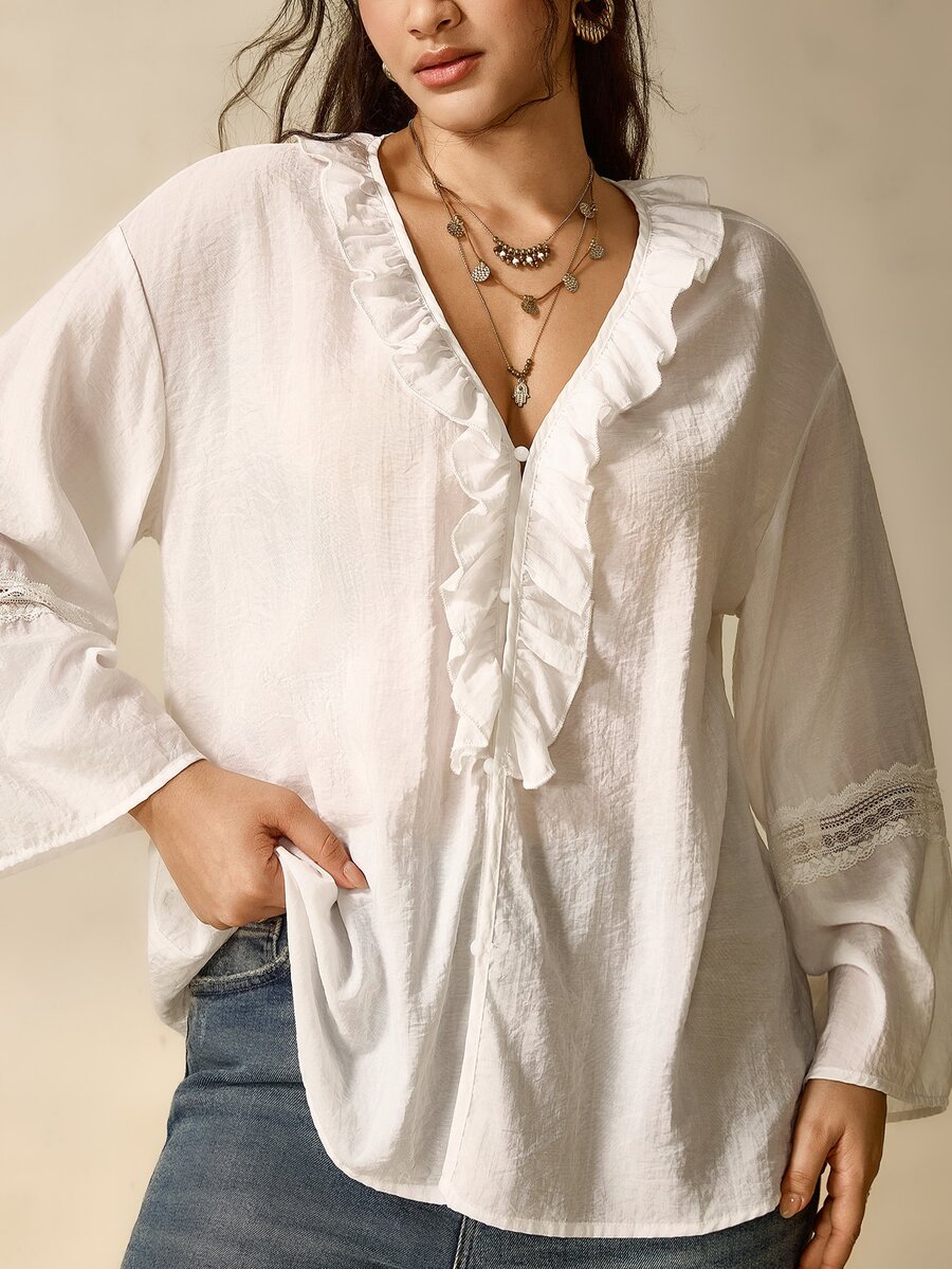 Nubod Elegant Plus Size Women's Solid Color Blouse With Frill Trim, Pearl Buttons And Lace Edging - White - View 1