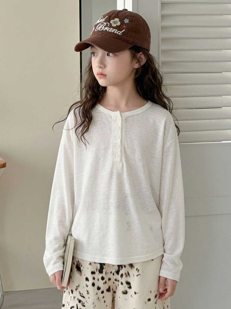 Dazy Kids Tween Girl Solid Color Button Half-Placket Long Sleeve Casual T-Shirt - White - View 1