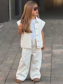 DAZY Young Girl) Lapel Casual Sleeveless Denim Top + Straight Leg Pants Two Pieces Denim Outfit Set - White - View 1