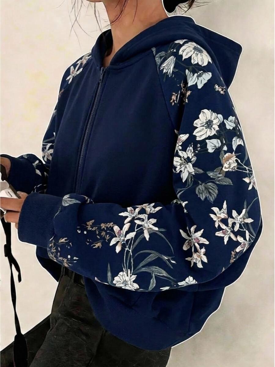Tween Girl Blue Solid Color Hooded Floral Watermark Sweatshirt, Casual Style For School, Autumn Winter - Blue - View 1