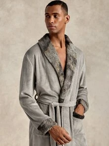 EverLounge Men's Autumn/Winter British Style Basic Minimalist Comfortable Light Gray Double-Sided Flannel Contrast Color Tie-Dye Shawl Collar Long Robe Coat - Grey - View 7