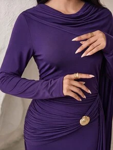 Veilorie Women's Round Neck Long Sleeve Pleated Solid Color Dress - Purple - View 3