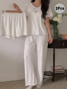 DAZY Bộ đồ ngủ nữ 2 món áo cổ tròn tay ngắn họa tiết chấm bi đính nơ và quần - trắng - Xem 4