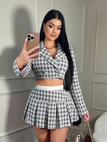 SHEIN SXY Women's Lapel Plaid Textured Pattern Ultra-Short Blazer And Mini Skirt Set - Black and White - View 6