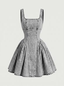 SHEIN MOD 女款時尚方領百褶牛仔洋裝 - 灰色 - 查看 1