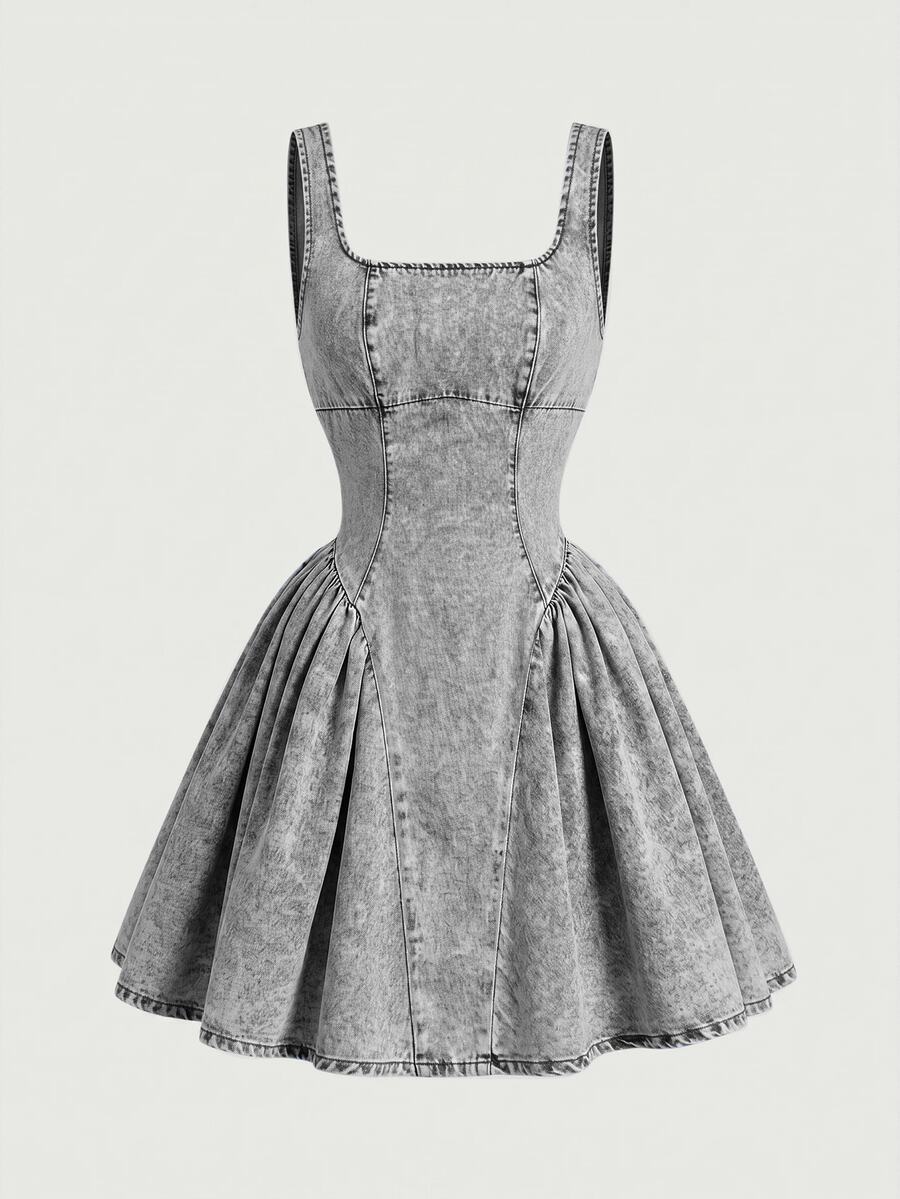 SHEIN MOD 女款時尚方領百褶牛仔洋裝 - 灰色 - 查看 1