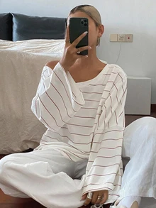 DAZY 女款條紋不對稱肩寬鬆街頭休閒青少年T恤 - 白色 - 查看 4