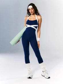 VARSIVA Women's Slim Fit Comfortable Fashionable Versatile Colorblock Halter Neck Sports Jumpsuit - Multicolor - View 7