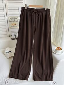 SHEIN EZwear Chocolate Brown Plus Size Spring/Summer Versatile Drawstring Sweatpants - Chocolate Brown - View 3