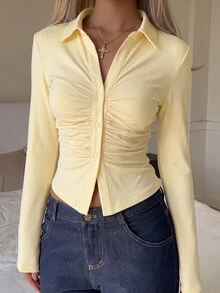 SHEIN EZwear 黃色針織修身女款T恤 - 淡黃色 - 查看 5