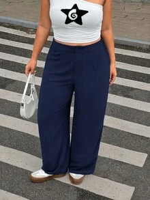 SHEIN EZwear 海軍藍大尺碼女款寬鬆百褶寬腿黑色裙褲，適合畢業季、返校節及秋冬教師穿搭 - 藏蓝色 - 查看 1