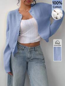 SHEIN BASICS 女款圓領長袖單排扣純色針織開襟衫 - 藍色 - 查看 5